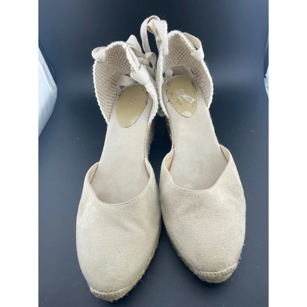 Boden Suede Lace Up Espadrille Wedges Beige Tan Ankle Tie Spain EU 39 US 8.5 9
